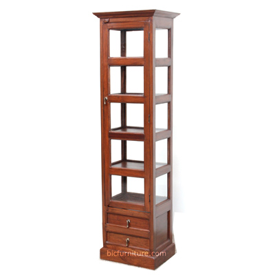 Tall 1-Door 2-Drawer Teak Wood Display Unit with Glass Panels by BIC