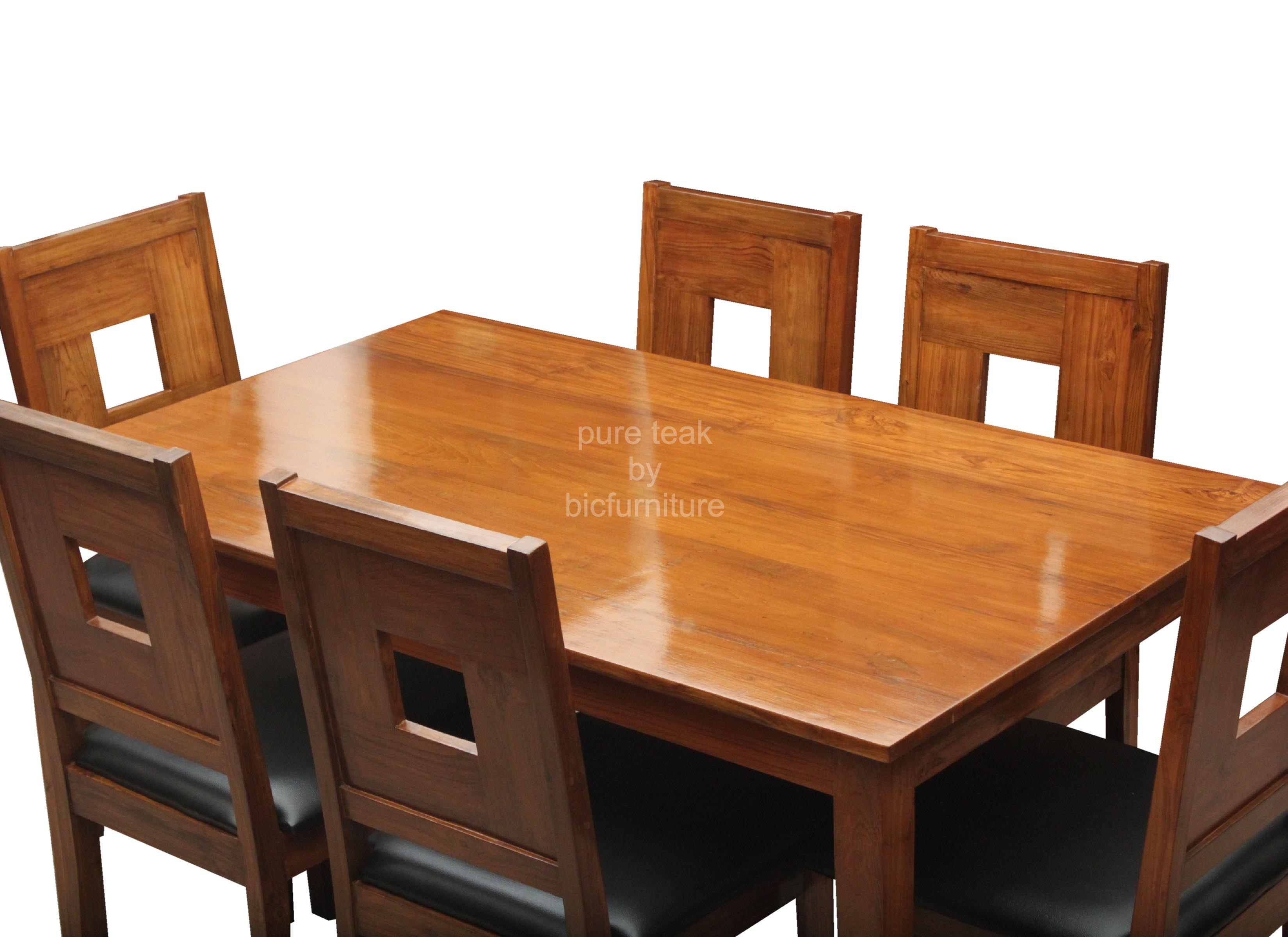 Stylish Teak Dining With Art Leather Chairs In 6 Seater Set