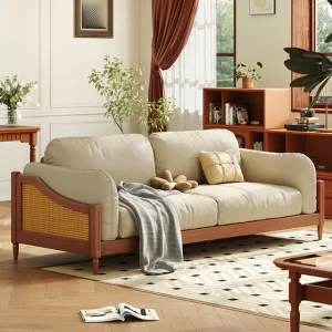 MODERN MINIMALIST FABRIC SOFA WITH TEAKWOOD FRAME and rattan work | WS 127